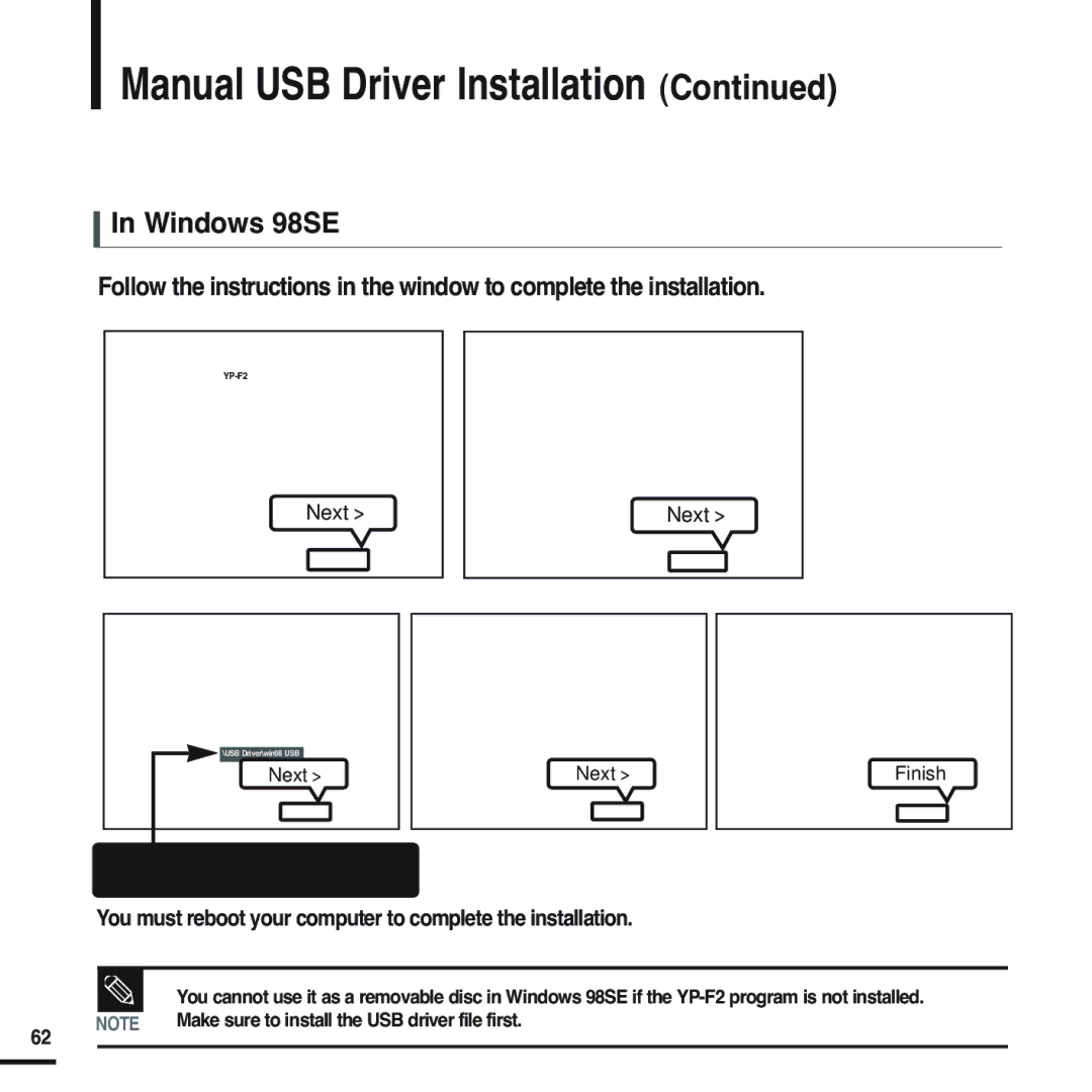 Samsung YP-F2QW/XSG, YP-F2ZW/HAO, YP-F2XW/AAW, YP-F2XB/XSG, YP-F2XW/HAO manual Manual USB Driver Installation, Windows 98SE 