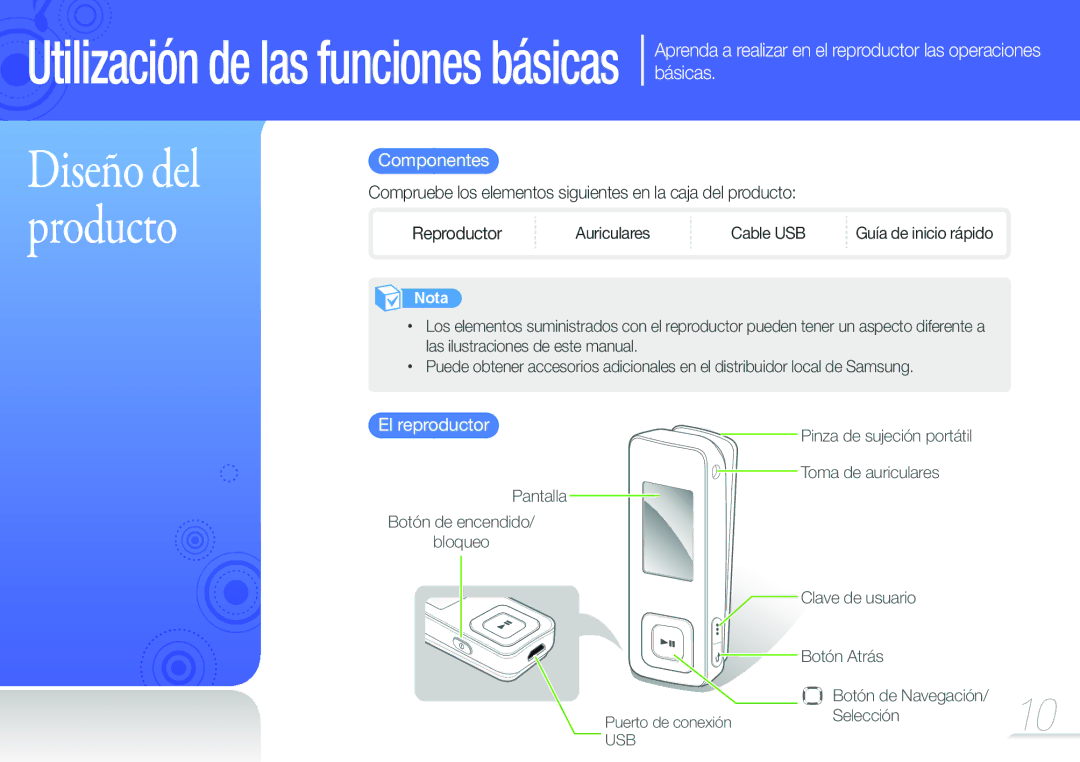 Samsung YP-F3AB/FOP, YP-F3AL/FOP, YP-F3QP/FOP, YP-F3QL/FOP, YP-F3QB/FOP, YP-F3AP/FOP manual Componentes, El reproductor 