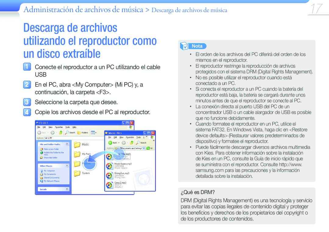 Samsung YP-F3AP/FOP, YP-F3AL/FOP, YP-F3QP/FOP, YP-F3QL/FOP Conecte el reproductor a un PC utilizando el cable, ¿Qué es DRM? 