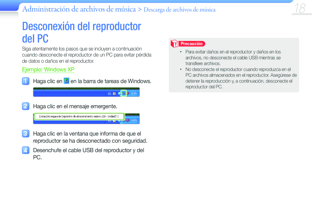 Samsung YP-F3AL/FOP, YP-F3QP/FOP manual Desconexión del reproductor del PC, Desenchufe el cable USB del reproductor y del PC 