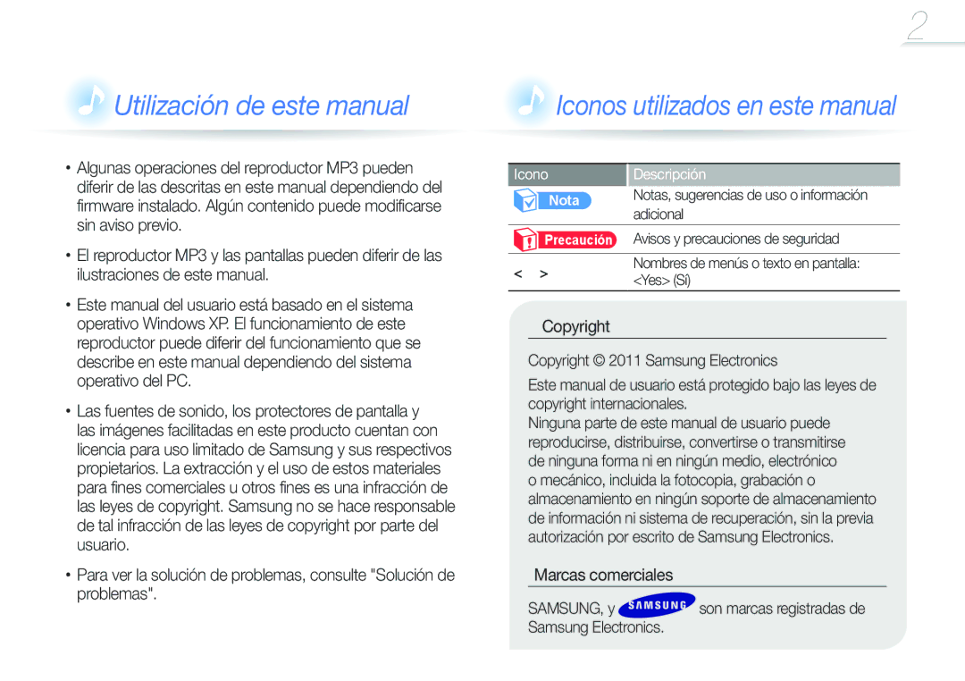 Samsung YP-F3QL/FOP, YP-F3AL/FOP, YP-F3QP/FOP manual Marcas comerciales SAMSUNG, y, Samsung Electronics, Icono Descripción 