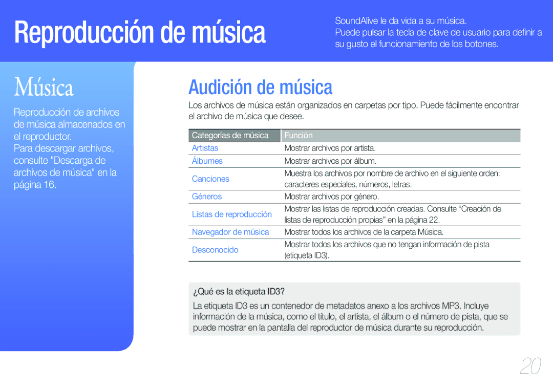 Samsung YP-F3QL/FOP, YP-F3AL/FOP manual Audición de música, SoundAlive le da vida a su música, ¿Qué es la etiqueta ID3? 