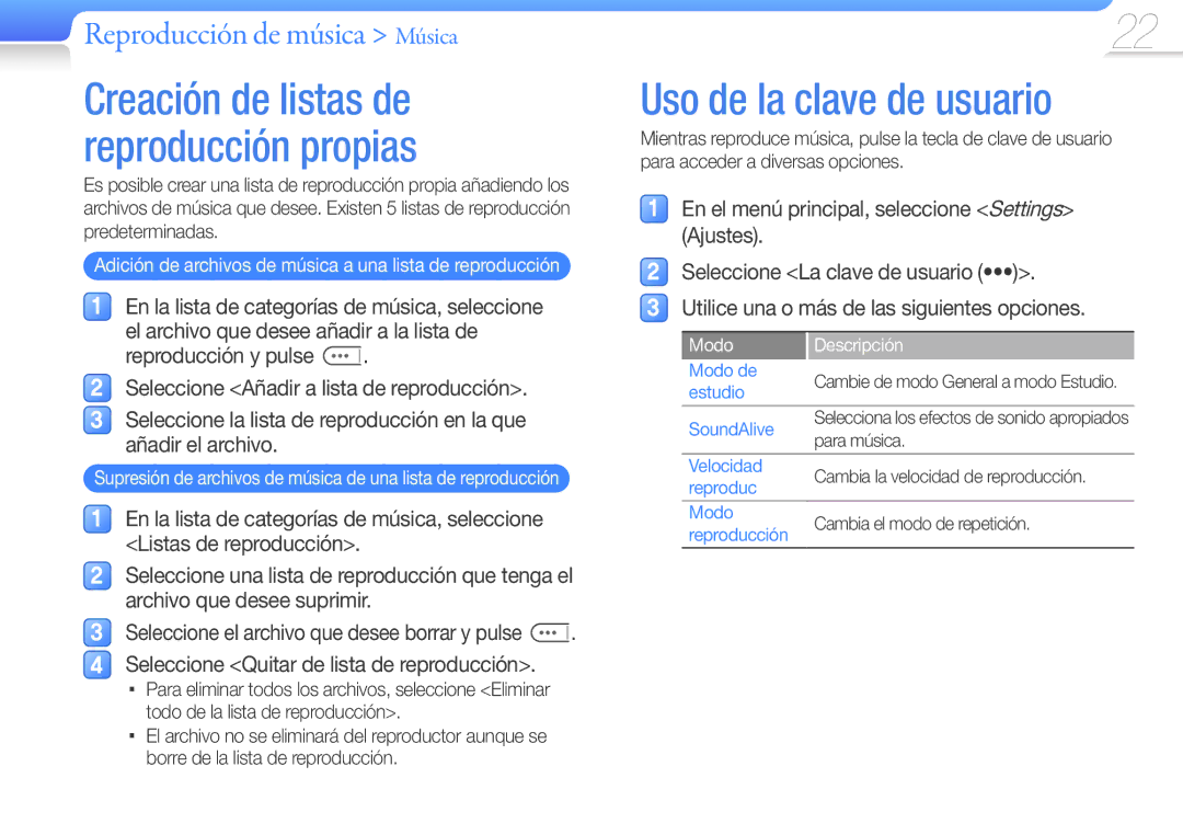 Samsung YP-F3AB/FOP manual Uso de la clave de usuario, En el menú principal, seleccione Settings Ajustes, Modo Descripción 