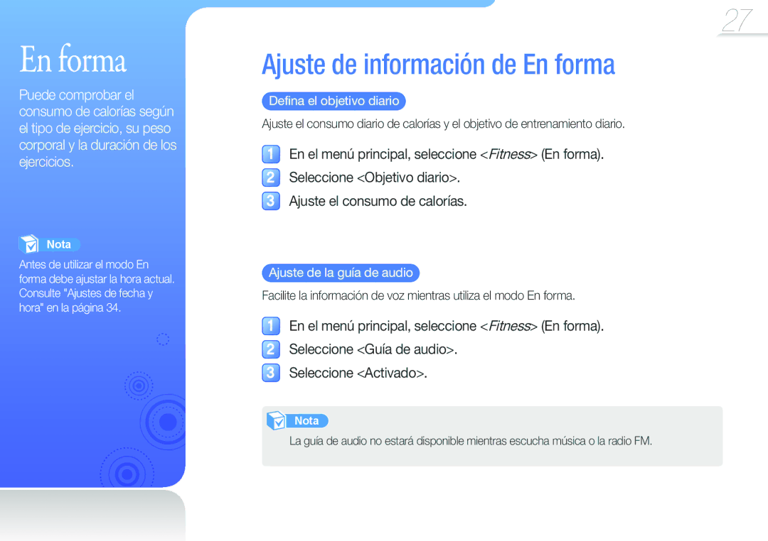 Samsung YP-F3QB/FOP, YP-F3AL/FOP Ajuste de información de En forma, Defina el objetivo diario, Ajuste de la guía de audio 