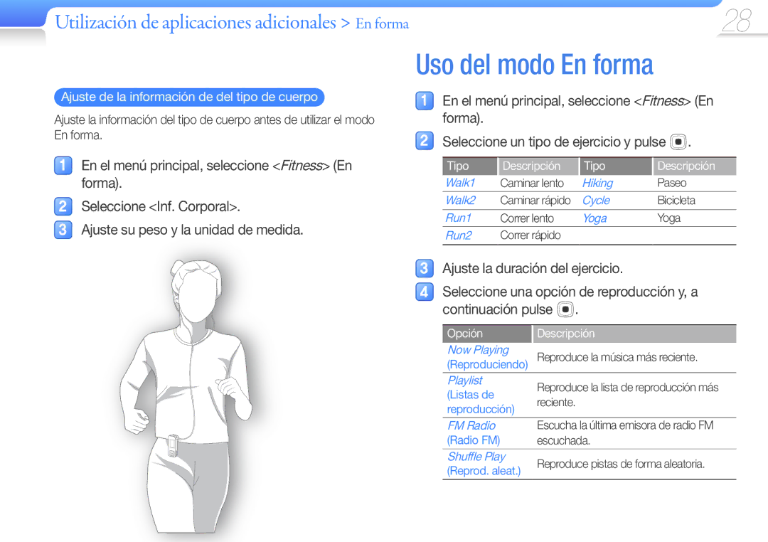 Samsung YP-F3AB/FOP, YP-F3AL/FOP, YP-F3QP/FOP manual Uso del modo En forma, Ajuste de la información de del tipo de cuerpo 