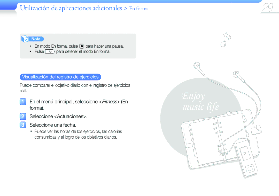 Samsung YP-F3AP/FOP manual En el menú principal, seleccione Fitness En forma, Visualización del registro de ejercicios 