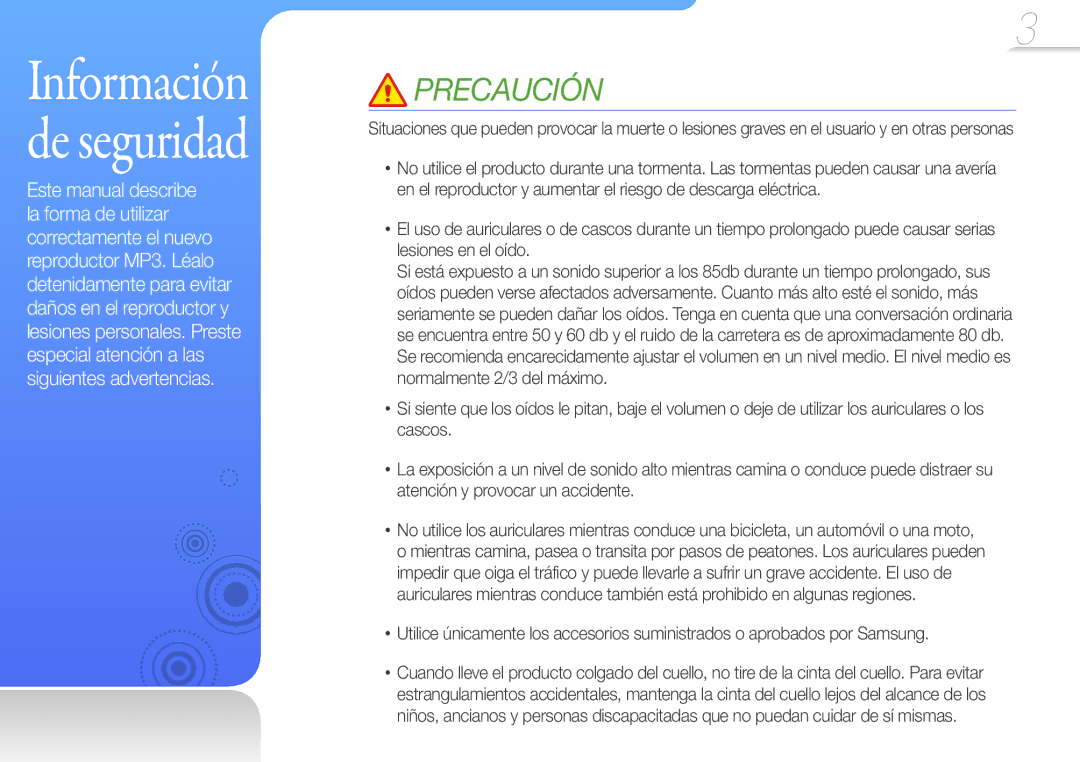 Samsung YP-F3QB/FOP, YP-F3AL/FOP, YP-F3QP/FOP, YP-F3QL/FOP, YP-F3AB/FOP, YP-F3AP/FOP manual Información de seguridad 