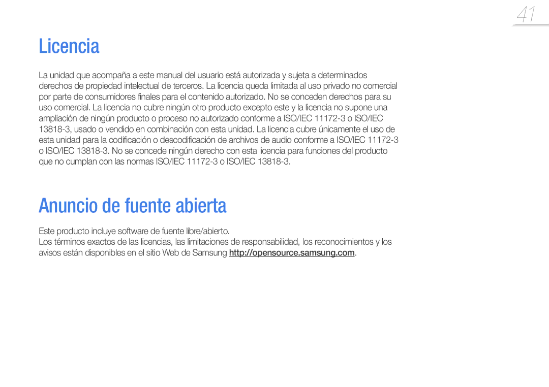 Samsung YP-F3AP/FOP manual Licencia, Anuncio de fuente abierta, Este producto incluye software de fuente libre/abierto 