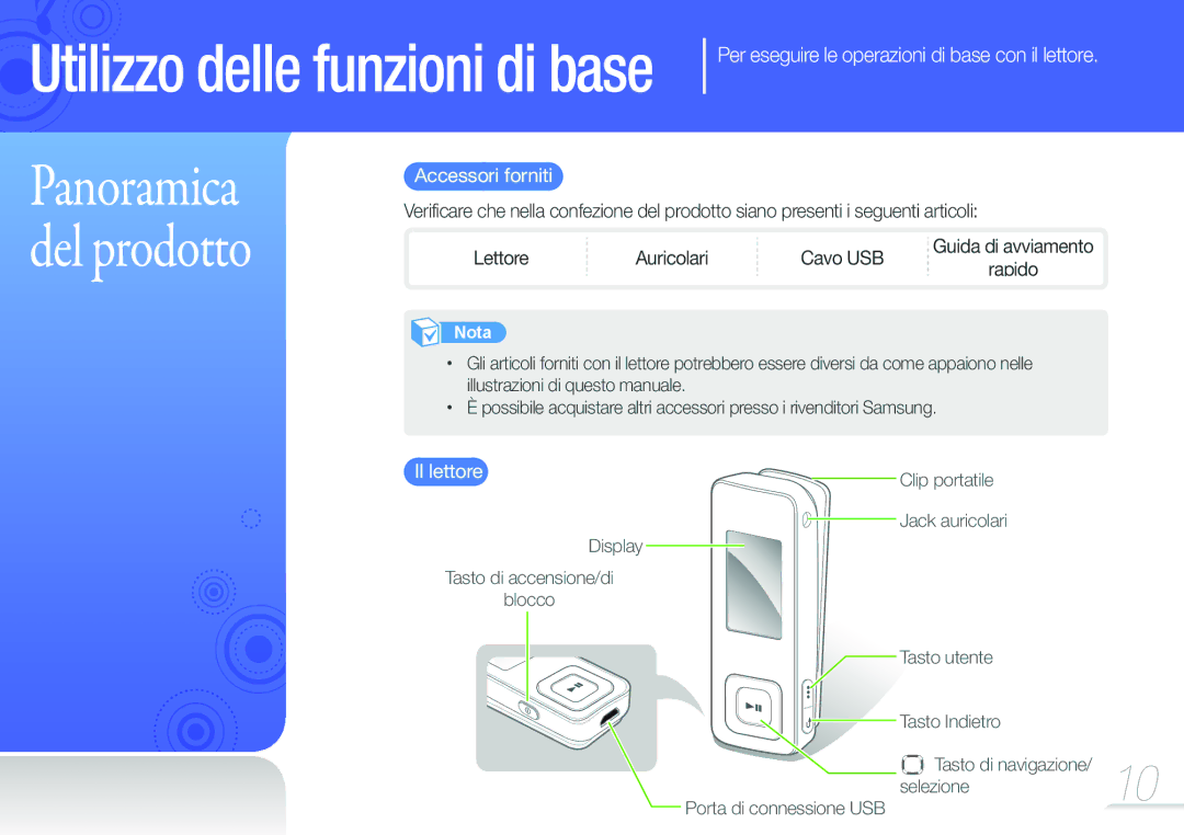 Samsung YP-F3QB/XET, YP-F3QL/XET manual Per eseguire le operazioni di base con il lettore, Accessori forniti, Il lettore 