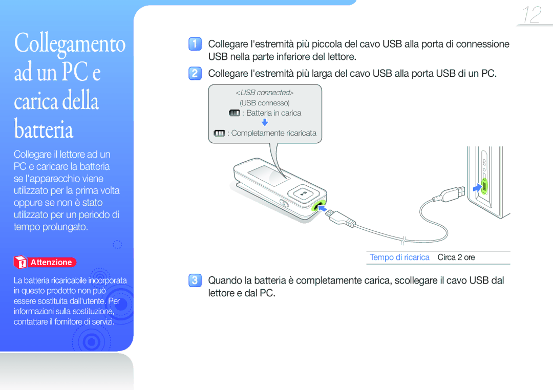 Samsung YP-F3QL/XET, YP-F3AB/XET, YP-F3QP/XET Collegamento ad un PC e carica della batteria, Tempo di ricarica Circa 2 ore 