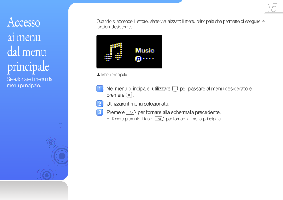 Samsung YP-F3AP/XET manual Selezionare i menu dal menu principale, Tenere premuto il tasto per tornare al menu principale 