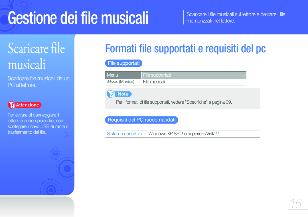 Samsung YP-F3QB/XET manual Formati file supportati e requisiti del pc, File supportati, Requisiti del PC raccomandati 