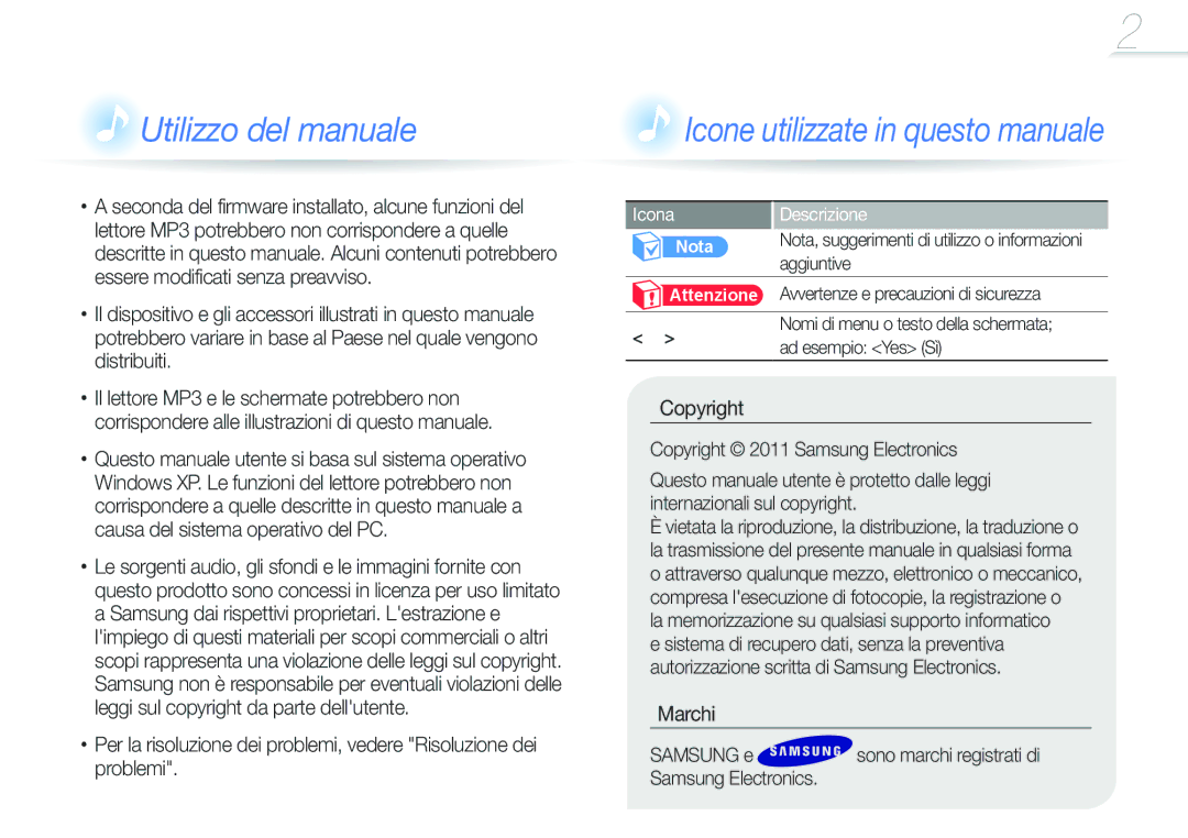 Samsung YP-F3QP/XET, YP-F3QL/XET, YP-F3AB/XET, YP-F3AP/XET manual Marchi Samsung e, Samsung Electronics, Icona Descrizione 