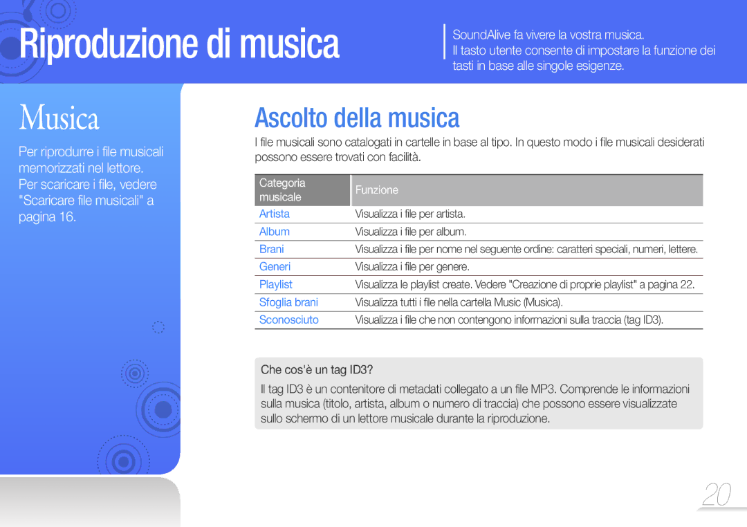 Samsung YP-F3QP/XET, YP-F3QL/XET, YP-F3AB/XET manual Ascolto della musica, Che cosè un tag ID3?, Categoria Funzione Musicale 