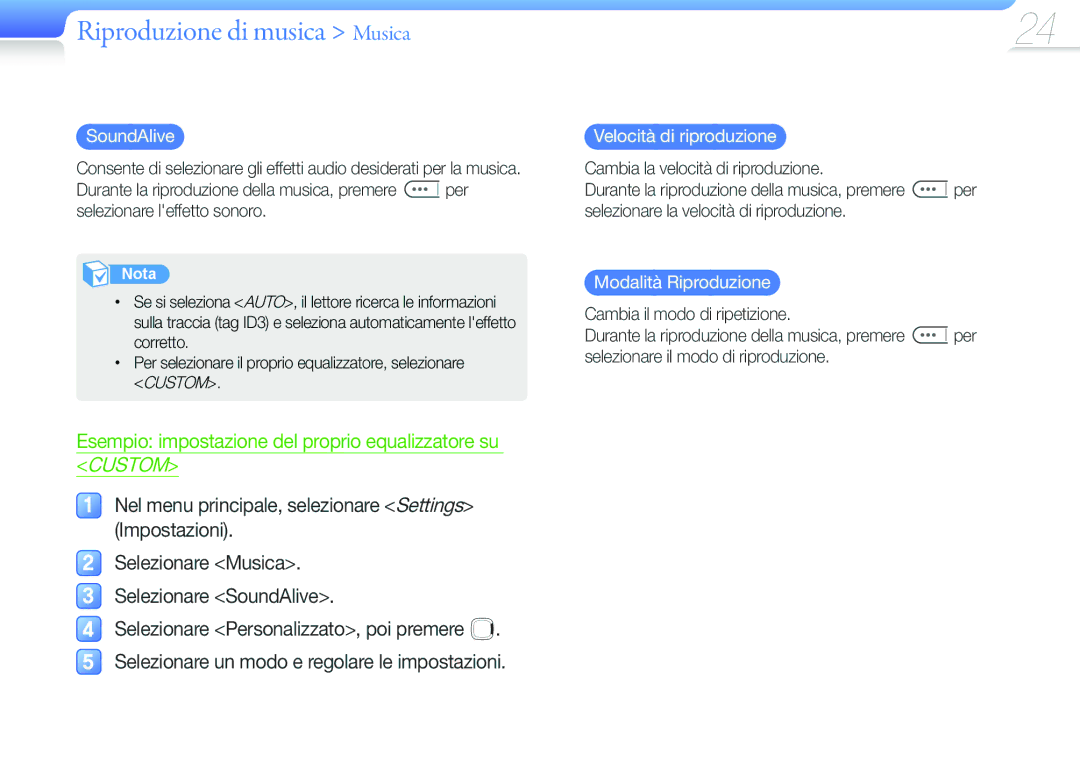 Samsung YP-F3QL/XET, YP-F3AB/XET, YP-F3QP/XET, YP-F3AP/XET manual SoundAlive, Velocità di riproduzione, Modalità Riproduzione 