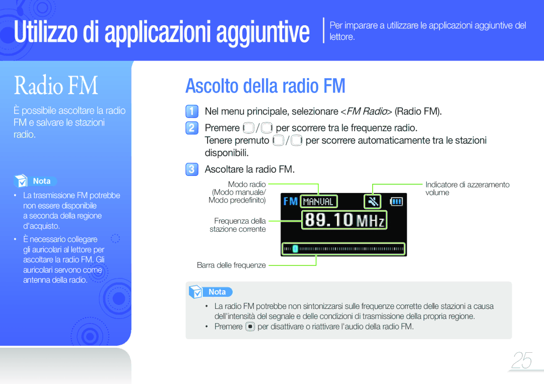 Samsung YP-F3AB/XET, YP-F3QL/XET, YP-F3QP/XET, YP-F3AP/XET manual Ascolto della radio FM, Seconda della regione dacquisto 