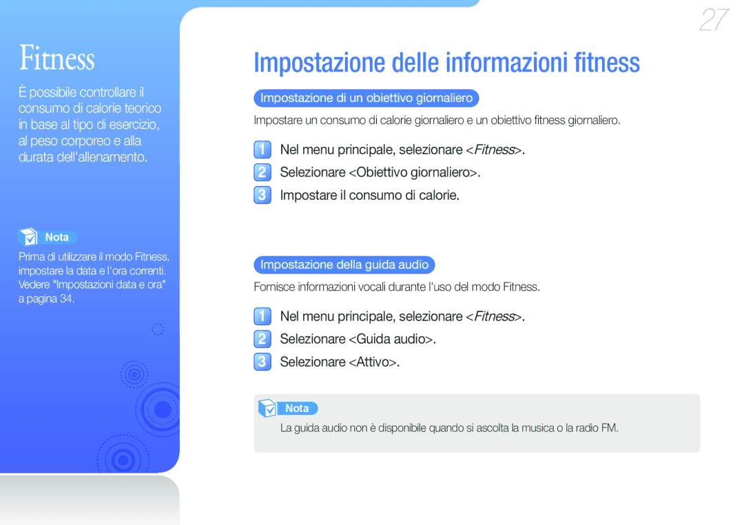 Samsung YP-F3AP/XET, YP-F3QL/XET manual Impostazione delle informazioni fitness, Impostazione di un obiettivo giornaliero 