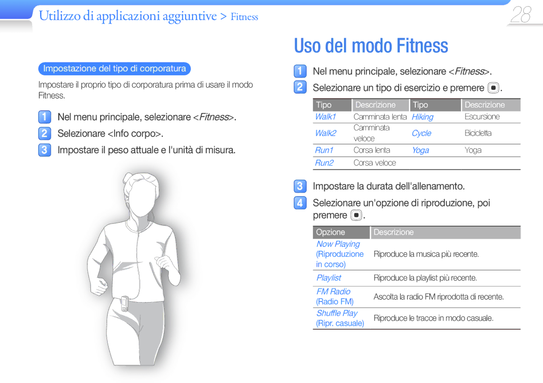 Samsung YP-F3QB/XET, YP-F3QL/XET, YP-F3AB/XET, YP-F3QP/XET, YP-F3AP/XET, YP-F3AL/XET manual Uso del modo Fitness, Opzione 