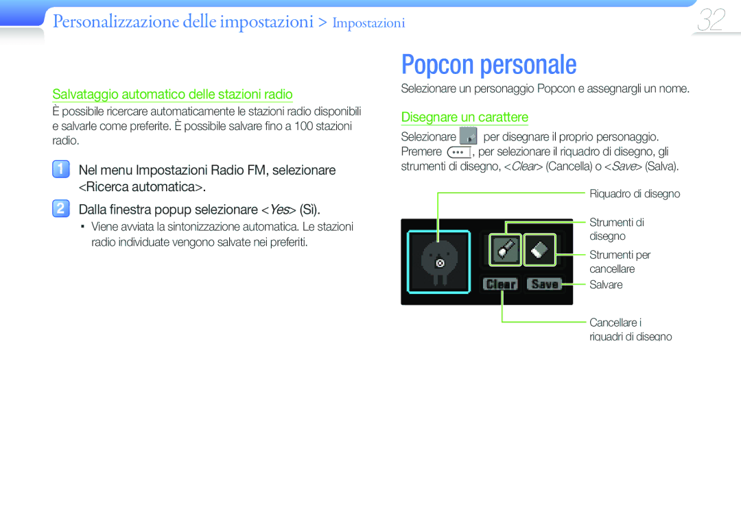 Samsung YP-F3QP/XET, YP-F3QL/XET, YP-F3AB/XET Popcon personale, Selezionare un personaggio Popcon e assegnargli un nome 