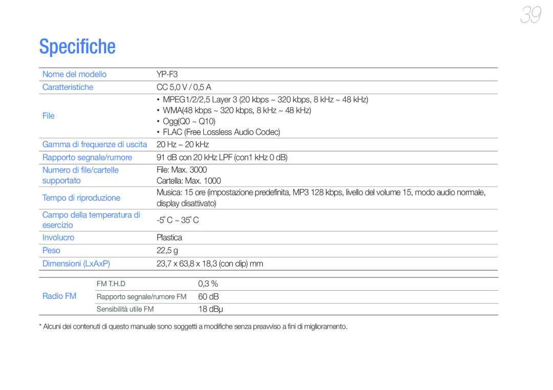 Samsung YP-F3AP/XET, YP-F3QL/XET, YP-F3AB/XET, YP-F3QP/XET, YP-F3QB/XET, YP-F3AL/XET manual Specifiche 