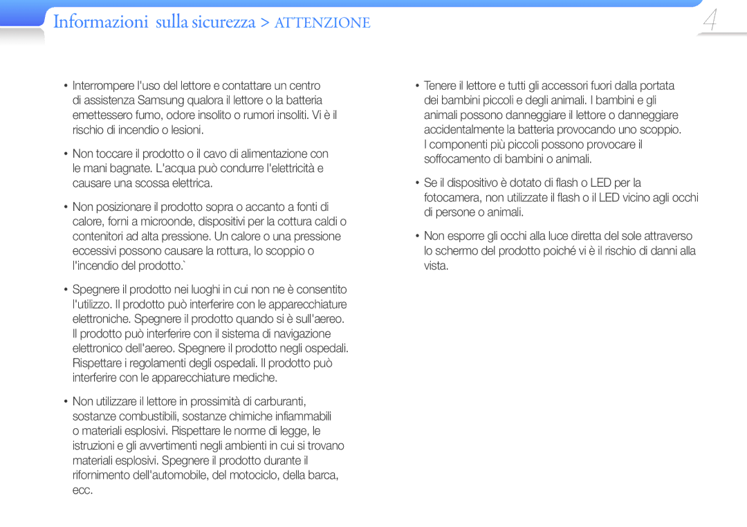 Samsung YP-F3QB/XET, YP-F3QL/XET, YP-F3AB/XET, YP-F3QP/XET, YP-F3AP/XET, YP-F3AL/XET Informazioni sulla sicurezza Attenzione 