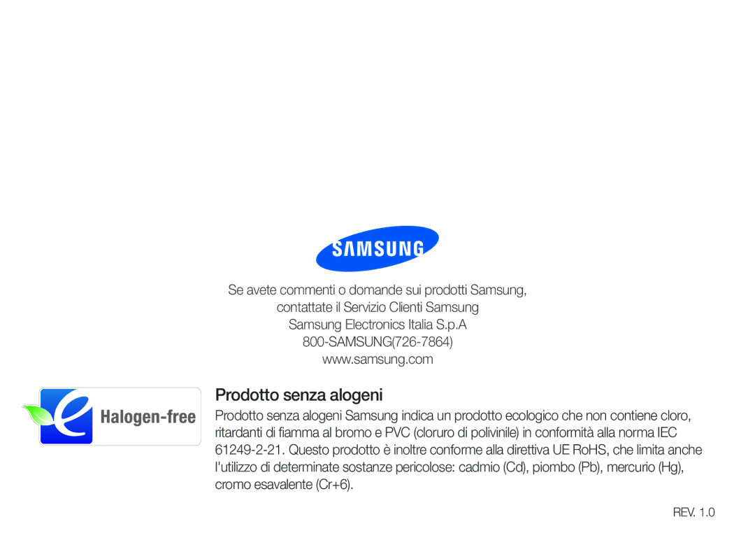 Samsung YP-F3QL/XET, YP-F3AB/XET, YP-F3QP/XET, YP-F3AP/XET, YP-F3QB/XET, YP-F3AL/XET manual Prodotto senza alogeni 