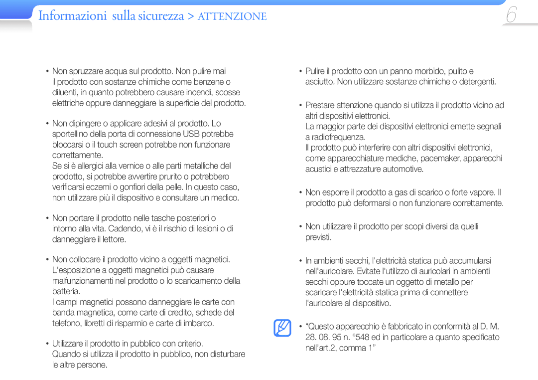 Samsung YP-F3QL/XET, YP-F3AB/XET, YP-F3QP/XET, YP-F3AP/XET, YP-F3QB/XET, YP-F3AL/XET Informazioni sulla sicurezza Attenzione 