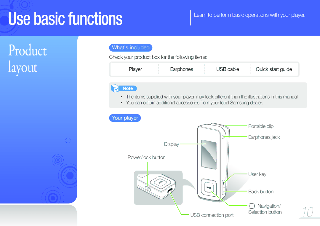 Samsung YP-F3QP/FOP, YP-F3QP/XEF manual Learn to perform basic operations with your player, Whats included, Your player 