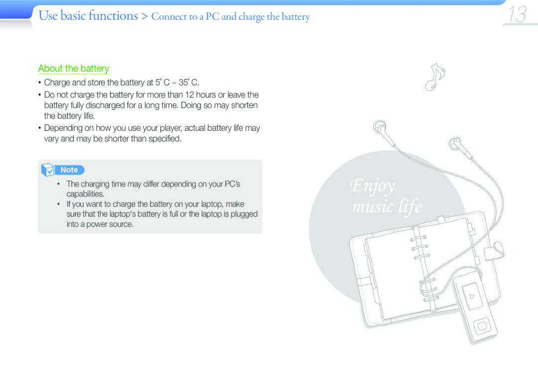 Samsung YP-F3AB/FOP, YP-F3QP/XEF, YP-F3QL/XEF, YP-F3QB/XEF manual Use basic functions Connect to a PC and charge the battery 