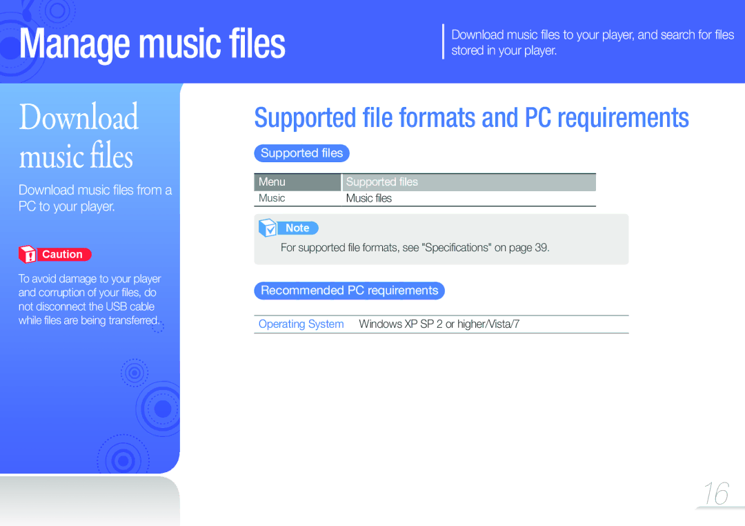 Samsung YP-F3QL/XEF, YP-F3QP/XEF, YP-F3QB/XEF, YP-F3QL/XET, YP-F3AB/XET Recommended PC requirements, Menu Supported files 