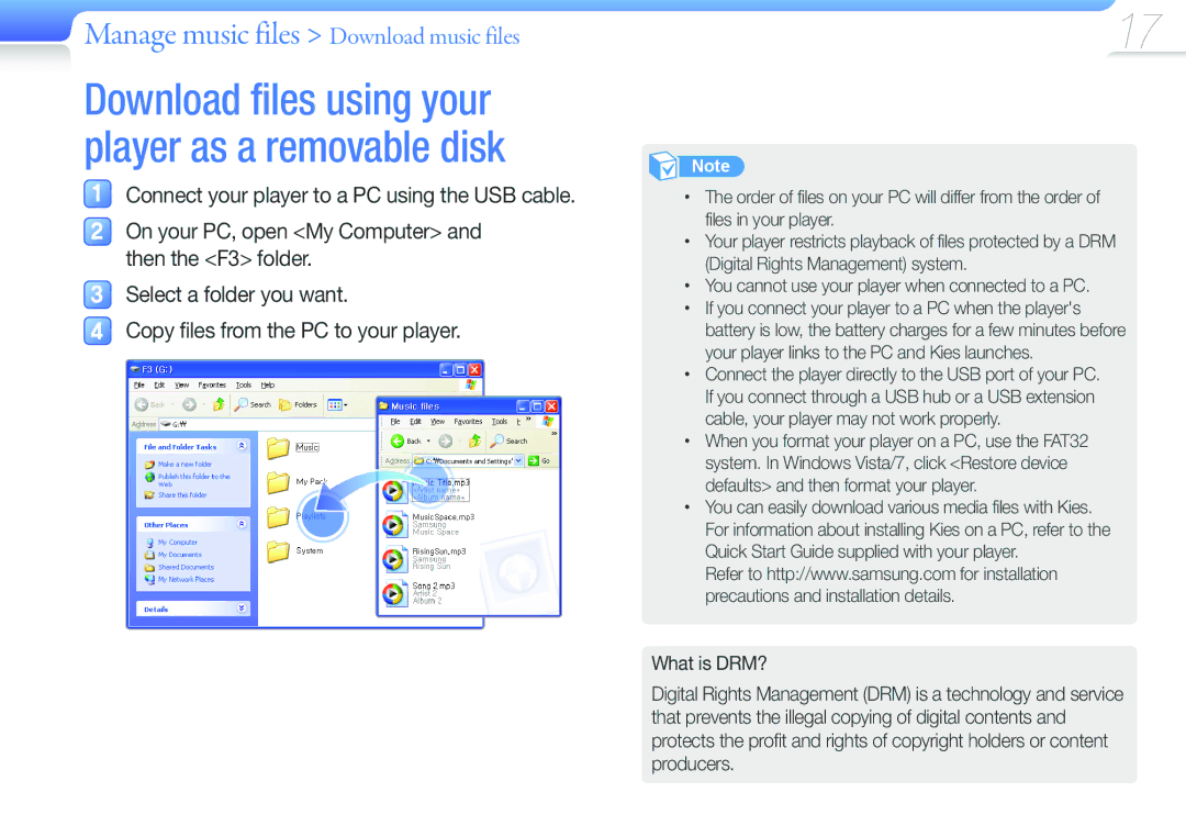 Samsung YP-F3QB/XEF, YP-F3QP/XEF, YP-F3QL/XEF, YP-F3QL/XET, YP-F3AB/XET Download files using your player as a removable disk 