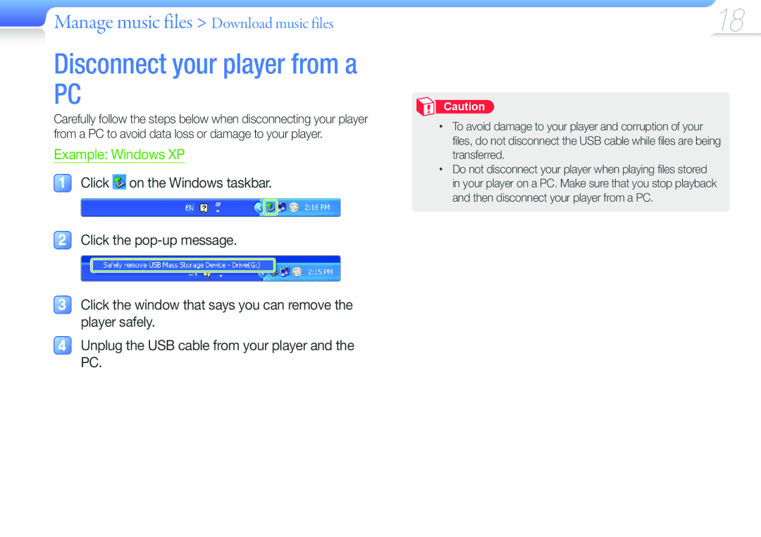 Samsung YP-F3QL/XET, YP-F3QP/XEF, YP-F3QL/XEF, YP-F3QB/XEF, YP-F3AB/XET, YP-F3QP/XET, YP-F3AP/XET Disconnect your player from a 