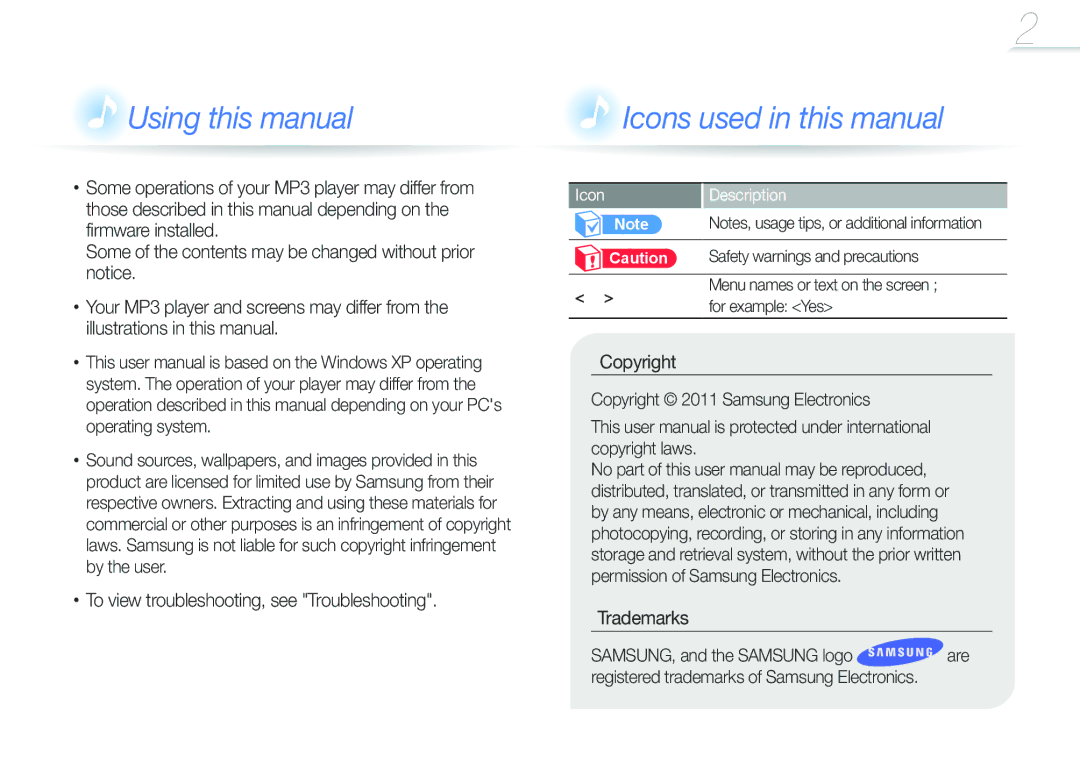 Samsung YP-F3QB/XEF, YP-F3QP/XEF, YP-F3QL/XEF, YP-F3QL/XET, YP-F3AB/XET, YP-F3QP/XET Using this manual, Icon Description 