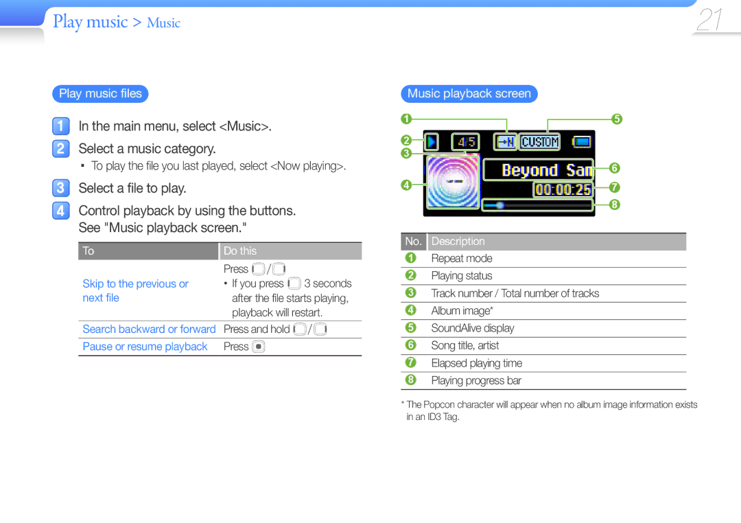 Samsung YP-F3AP/XET, YP-F3QP/XEF manual Play music files, Music playback screen, Skip to the previous or next file, Do this 