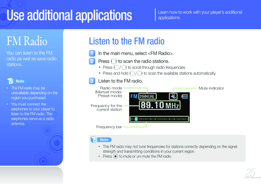 Samsung YP-F3QP/FOP, YP-F3QP/XEF manual Listen to the FM radio, Learn how to work with your player’s additional applications 