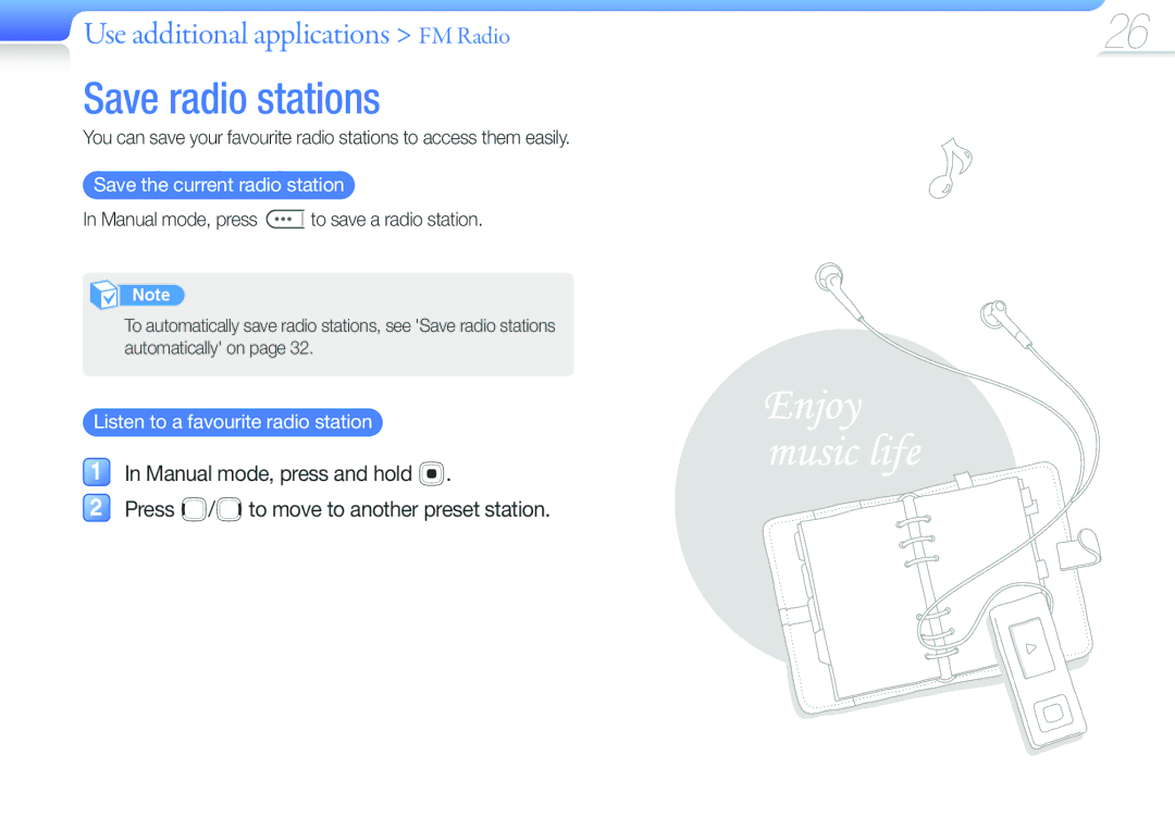 Samsung YP-F3QL/FOP, YP-F3QP/XEF Save radio stations, Save the current radio station, Listen to a favourite radio station 