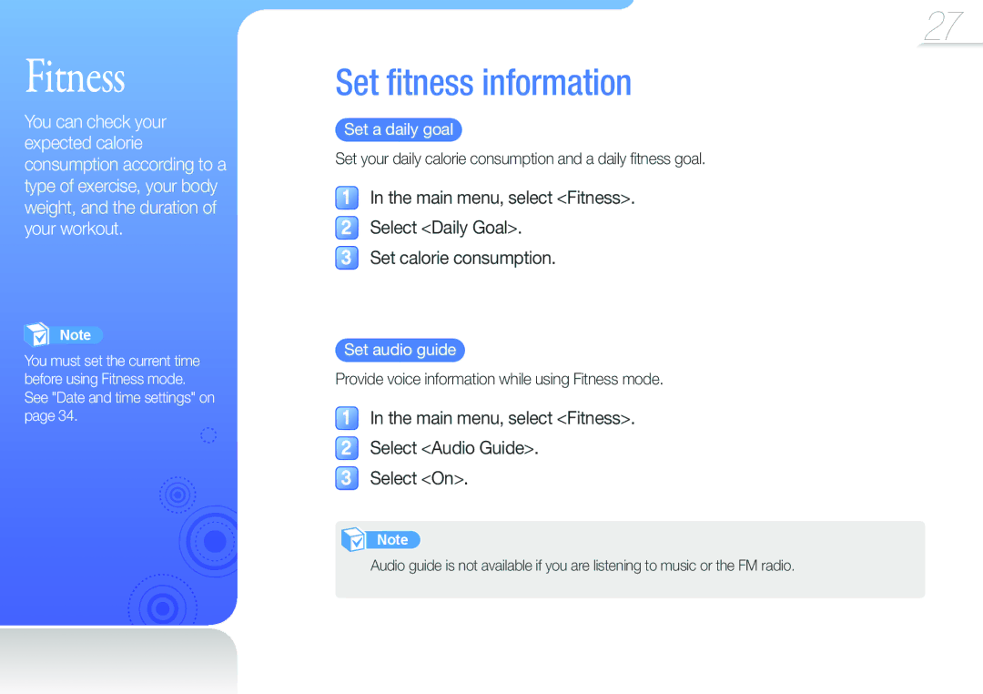 Samsung YP-F3QB/FOP, YP-F3QP/XEF, YP-F3QL/XEF, YP-F3QB/XEF, YP-F3QL/XET, YP-F3AB/XET manual Set a daily goal, Set audio guide 