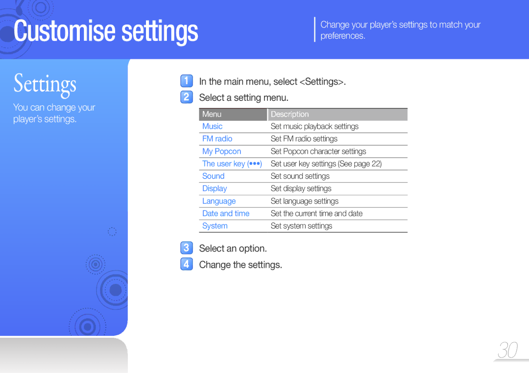 Samsung YP-F3QP/XEF manual Change your player’s settings to match your preferences, You can change your player’s settings 