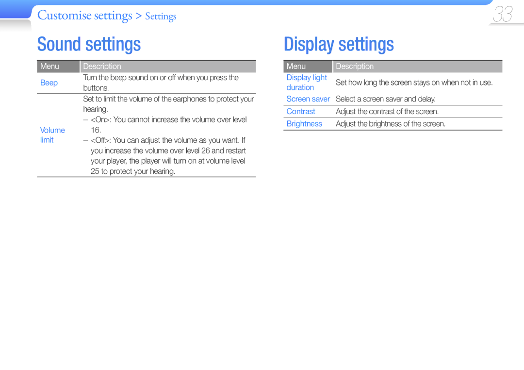 Samsung YP-F3QL/XET, YP-F3QP/XEF, YP-F3QL/XEF, YP-F3QB/XEF, YP-F3AB/XET, YP-F3QP/XET manual Sound settings, Display settings 