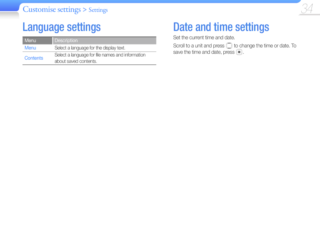 Samsung YP-F3AB/XET, YP-F3QP/XEF, YP-F3QL/XEF, YP-F3QB/XEF manual Language settings, Date and time settings, Menu, Contents 