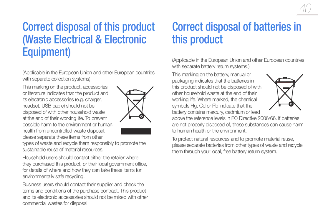 Samsung YP-F3QP/FOP, YP-F3QP/XEF Correct disposal of batteries in this product, Disposed of with other household waste 