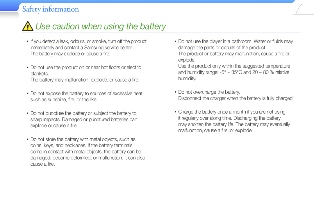 Samsung YP-F3QB/XET, YP-F3QP/XEF, YP-F3QL/XEF, YP-F3QB/XEF, YP-F3QL/XET, YP-F3AB/XET manual Use caution when using the battery 