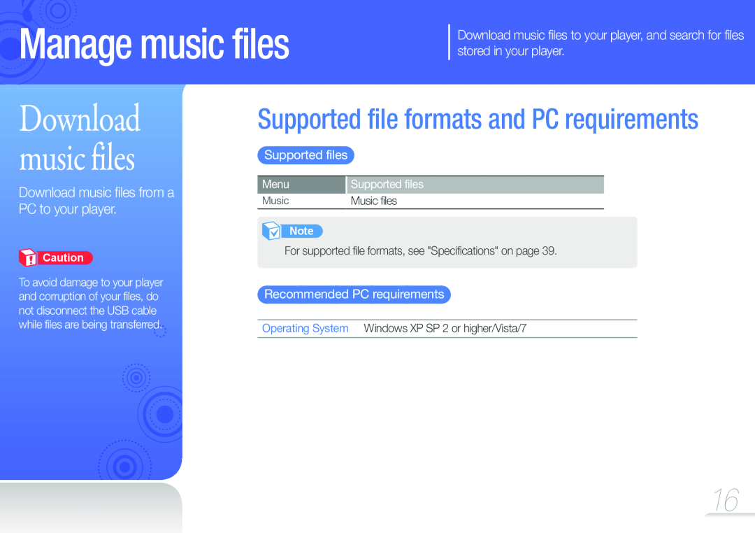 Samsung YP-F3QL/XEF manual Manage music files, Download music files from a PC to your player, Supported files, Menu, Music 