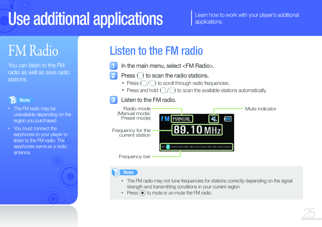 Samsung YP-F3QP/FOP manual FM Radio, Listen to the FM radio, You can listen to the FM radio as well as save radio stations 