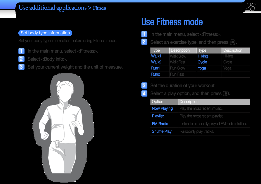 Samsung YP-F3AB/FOP Use Fitness mode, Use additional applications Fitness, Set your current weight and the unit of measure 