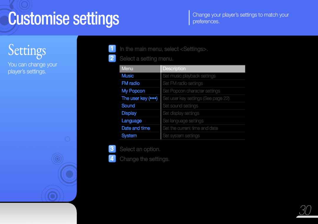 Samsung YP-F3QP/XEF Customise settings, In the main menu, select Settings Select a setting menu, Menu, Description 