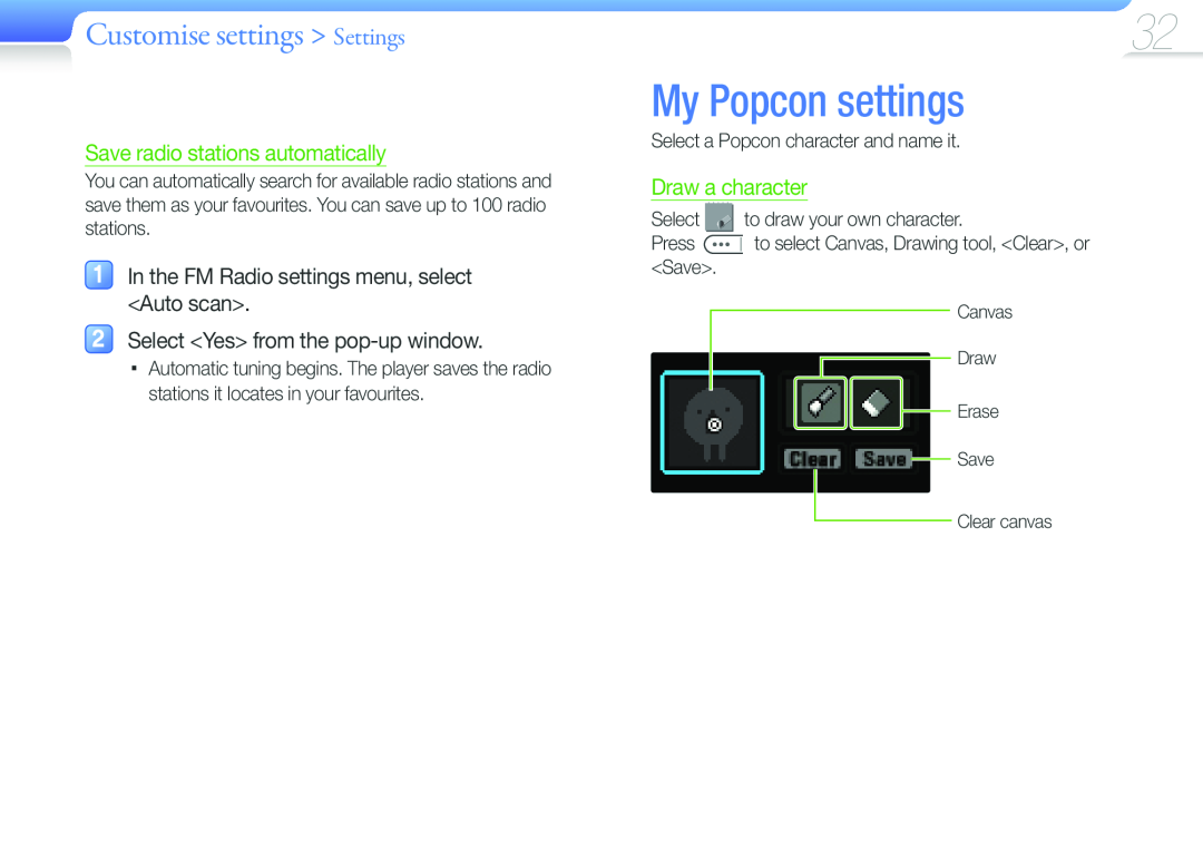 Samsung YP-F3QB/XEF My Popcon settings, Save radio stations automatically, In the FM Radio settings menu, select Auto scan 