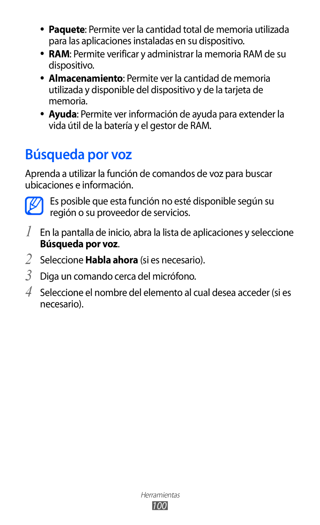 Samsung YP-G1CW/XEE, YP-GI1CW/FOP, YP-GI1CW/XEP, YP-GI1CB/XEG manual Búsqueda por voz, 100 