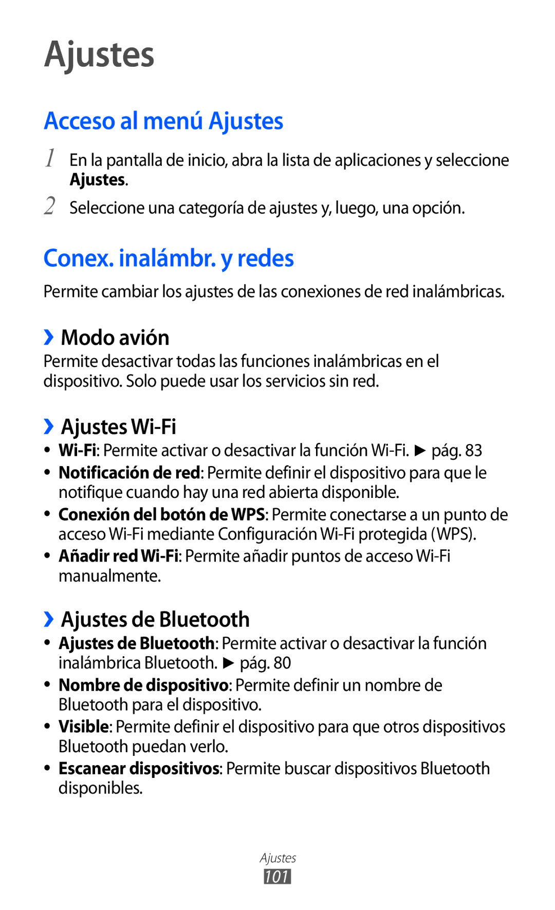 Samsung YP-GI1CW/FOP, YP-G1CW/XEE, YP-GI1CW/XEP, YP-GI1CB/XEG manual Acceso al menú Ajustes, Conex. inalámbr. y redes 