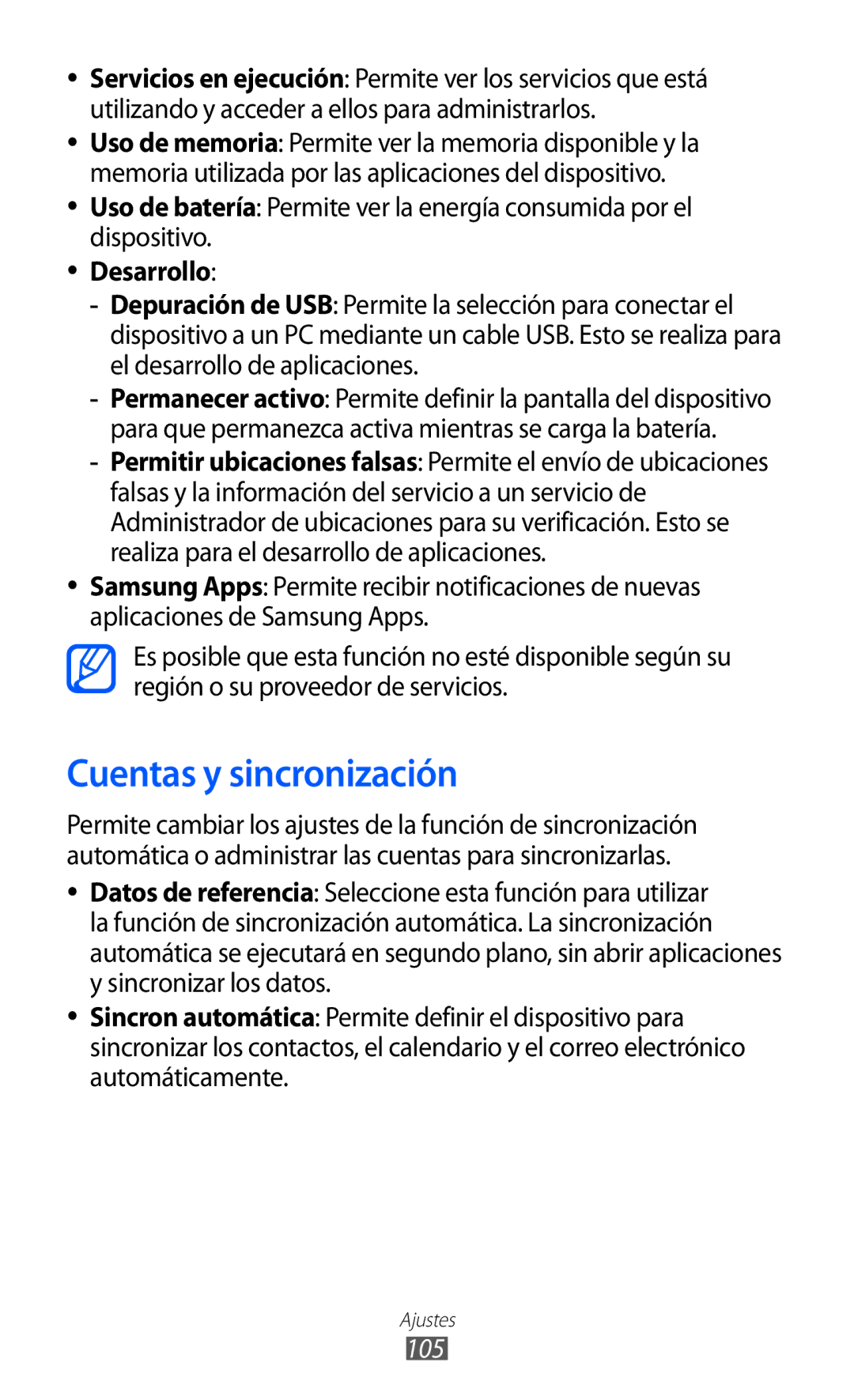 Samsung YP-GI1CW/FOP, YP-G1CW/XEE, YP-GI1CW/XEP, YP-GI1CB/XEG manual Cuentas y sincronización, Desarrollo, 105 